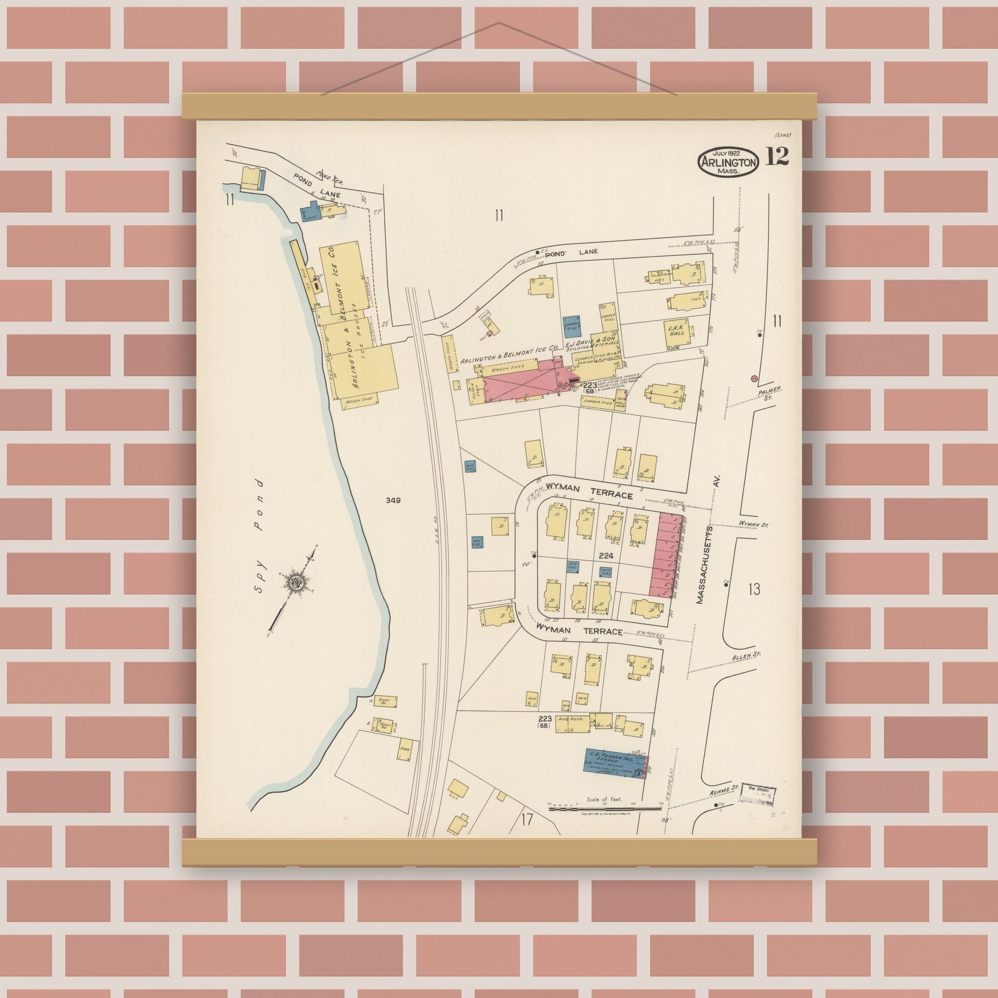 Old map wall art mockup — magnetic wood frame on brick wall — Sanborn Fire Insurance Map from Arlington, Middlesex County, Massachusetts (1922), Sheet #0012