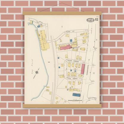 Old map wall art mockup — magnetic wood frame on brick wall — Sanborn Fire Insurance Map from Arlington, Middlesex County, Massachusetts (1922), Sheet #0012