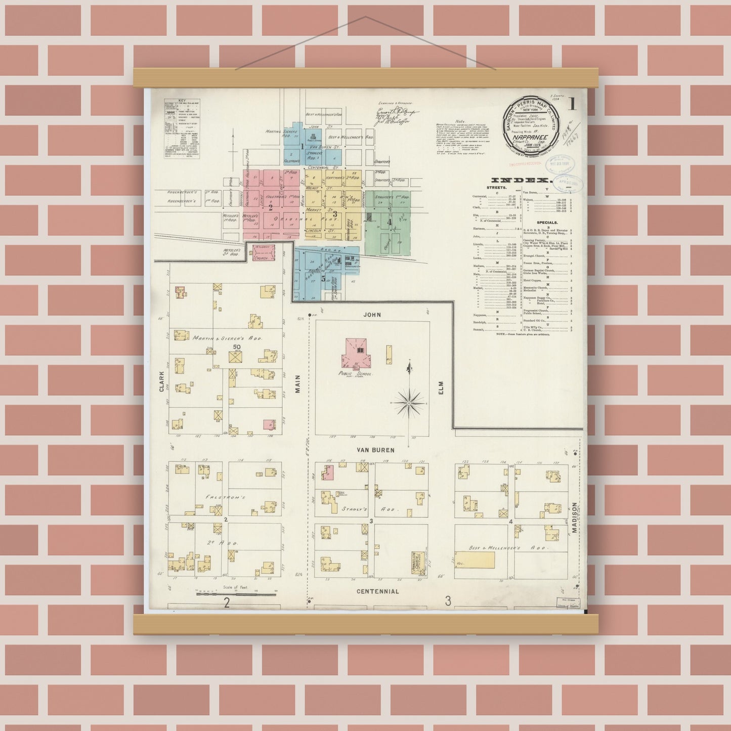 Old map wall art mockup — magnetic wood frame on brick wall — Sanborn Fire Insurance Map from Nappanee, Elkhart County, Indiana (1898) - Complete Map Set