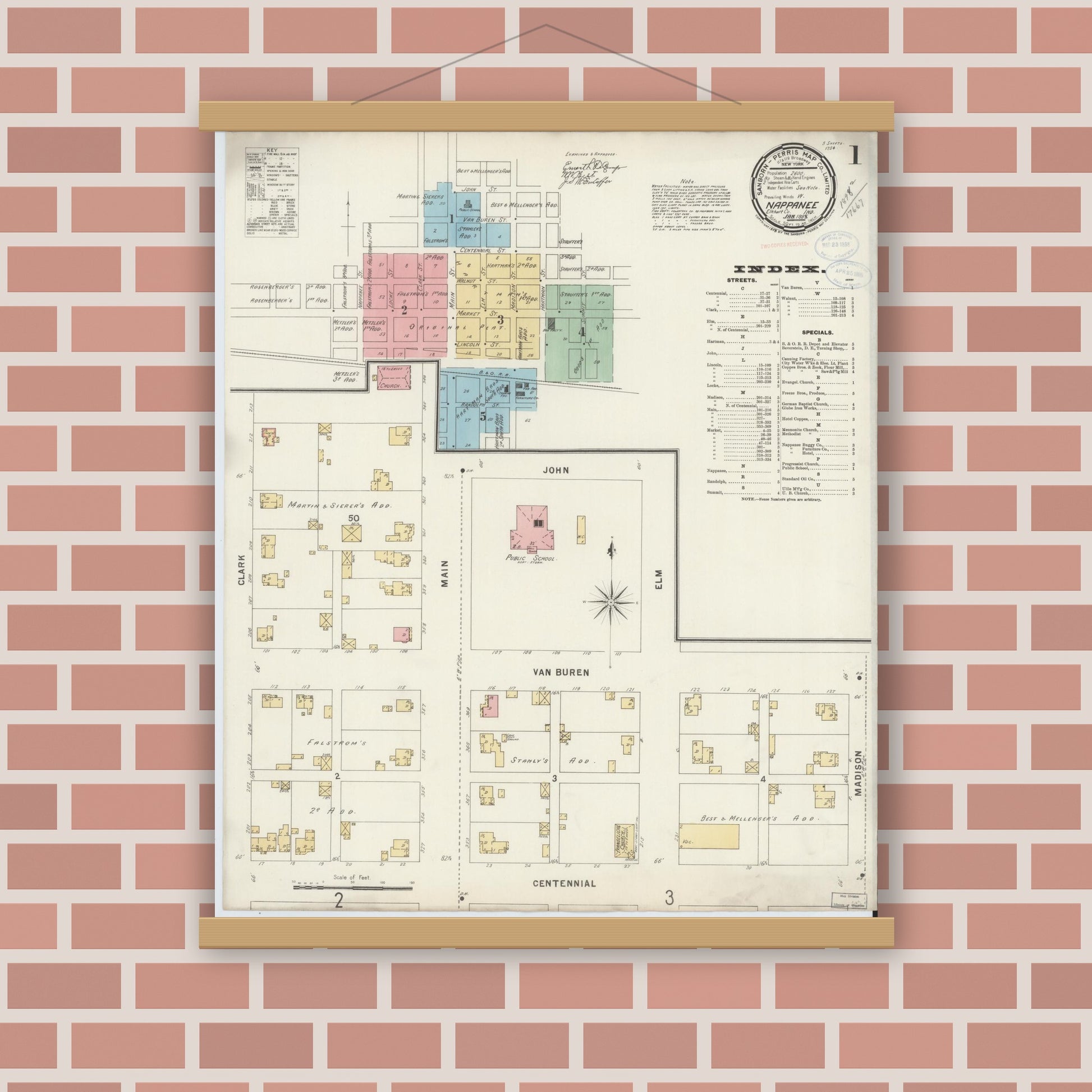 Old map wall art mockup — magnetic wood frame on brick wall — Sanborn Fire Insurance Map from Nappanee, Elkhart County, Indiana (1898) - Complete Map Set