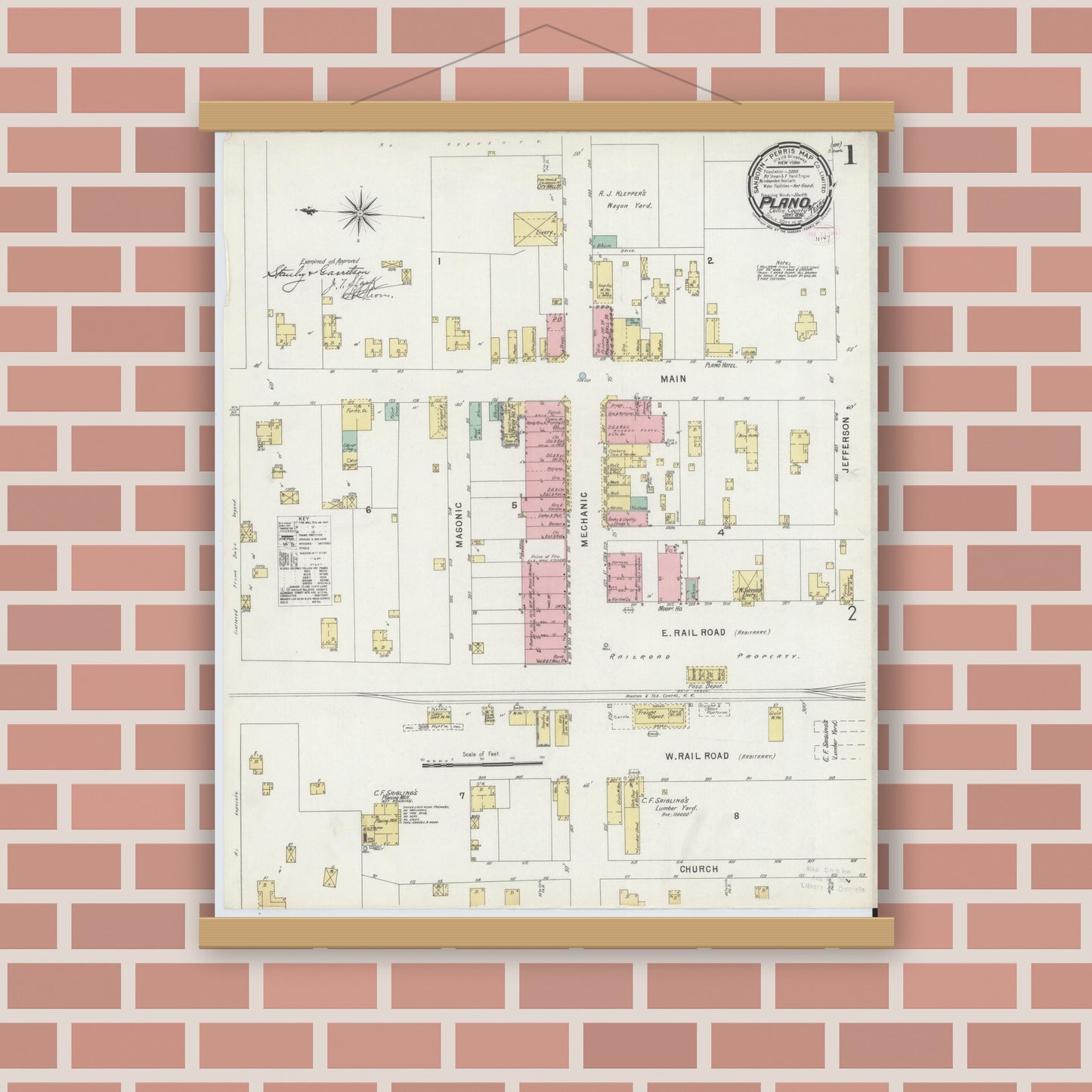 Old map wall art mockup — magnetic wood frame on brick wall — Sanborn Fire Insurance Map from Plano, Collin County, Texas (1896), Sheet #0001