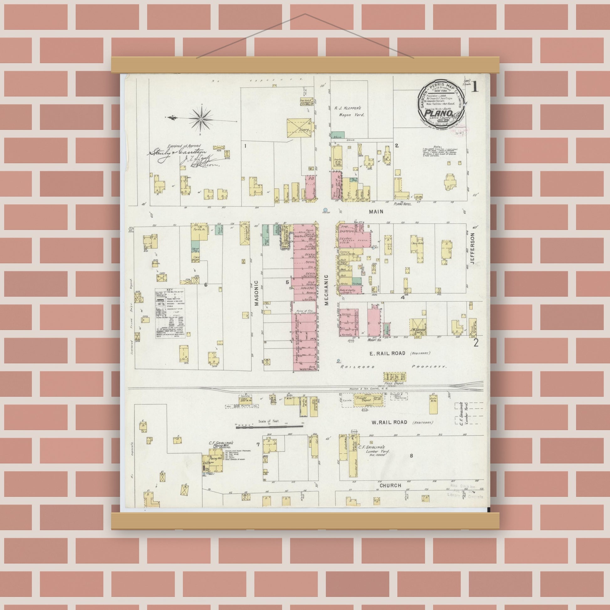 Old map wall art mockup — magnetic wood frame on brick wall — Sanborn Fire Insurance Map from Plano, Collin County, Texas (1896), Sheet #0001