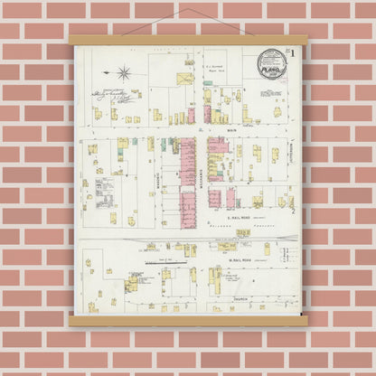Old map wall art mockup — magnetic wood frame on brick wall — Sanborn Fire Insurance Map from Plano, Collin County, Texas (1896), Sheet #0001
