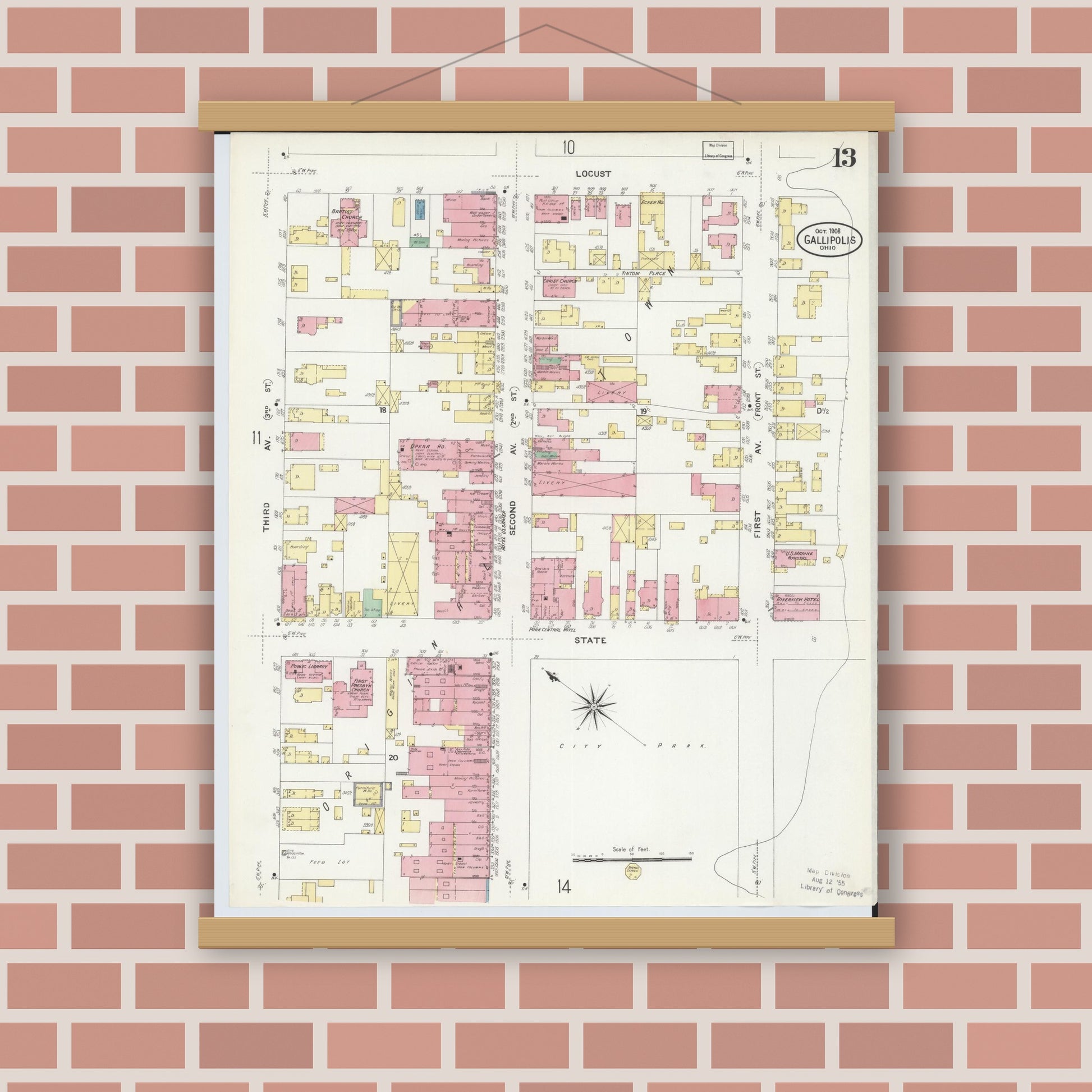 Old map wall art mockup — magnetic wood frame on brick wall — Sanborn Fire Insurance Map from Gallipolis, Gallia County, Ohio (1908), Sheet #0013