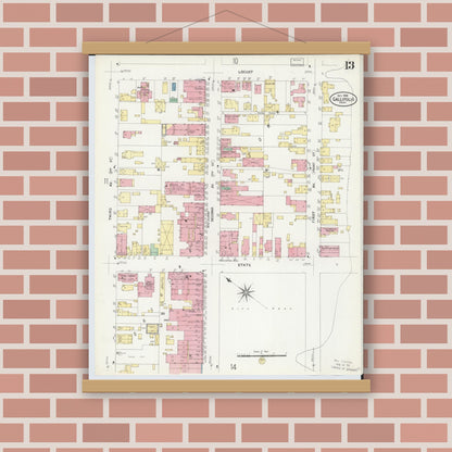 Old map wall art mockup — magnetic wood frame on brick wall — Sanborn Fire Insurance Map from Gallipolis, Gallia County, Ohio (1908), Sheet #0013