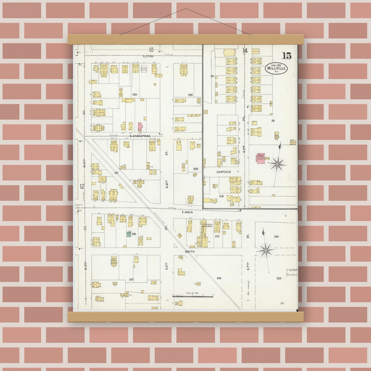 Old map wall art mockup — magnetic wood frame on brick wall — Sanborn Fire Insurance Map from Millville, Cumberland County, New Jersey (1903), Sheet #0015