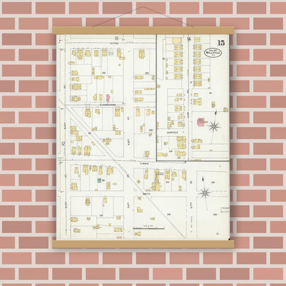 Old map wall art mockup — magnetic wood frame on brick wall — Sanborn Fire Insurance Map from Millville, Cumberland County, New Jersey (1903), Sheet #0015