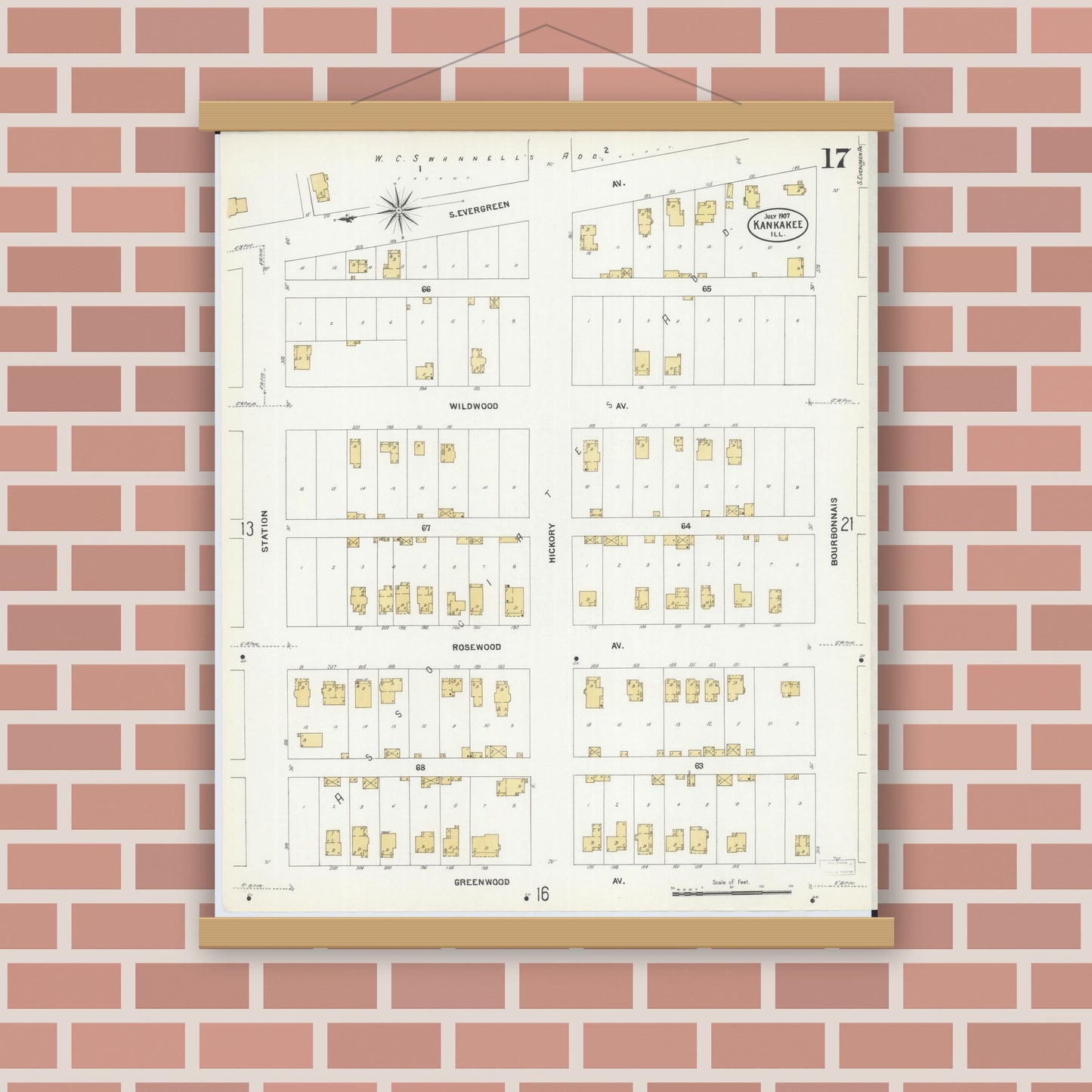 Old map wall art mockup — magnetic wood frame on brick wall — Sanborn Fire Insurance Map from Kankakee, Kankakee County, Illinois (1907), Sheet #0017