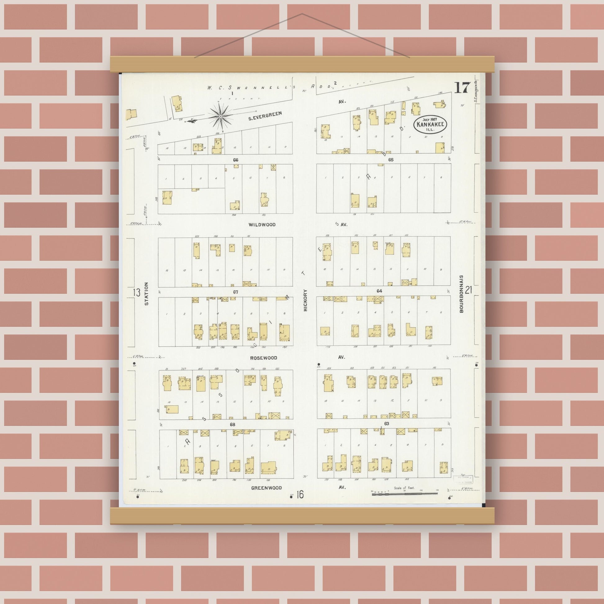 Old map wall art mockup — magnetic wood frame on brick wall — Sanborn Fire Insurance Map from Kankakee, Kankakee County, Illinois (1907), Sheet #0017