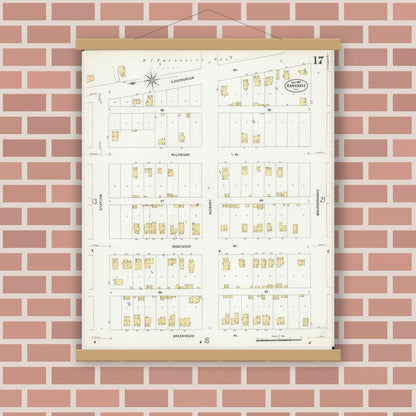 Old map wall art mockup — magnetic wood frame on brick wall — Sanborn Fire Insurance Map from Kankakee, Kankakee County, Illinois (1907), Sheet #0017