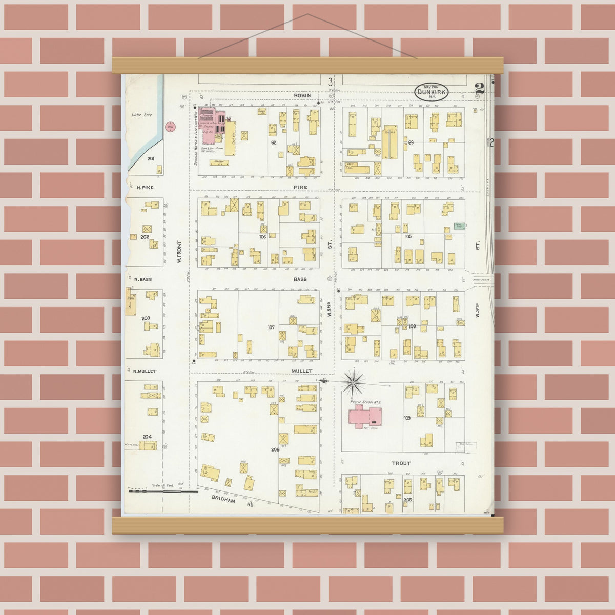 Old map wall art mockup — magnetic wood frame on brick wall — Sanborn Fire Insurance Map from Dunkirk, Chautauqua County, New York (1904), Sheet #0002
