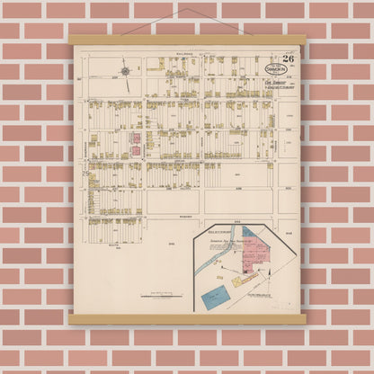 Old map wall art mockup — magnetic wood frame on brick wall — Sanborn Fire Insurance Map from Shamokin, Northumberland County, Pennsylvania (1922), Sheet #0026