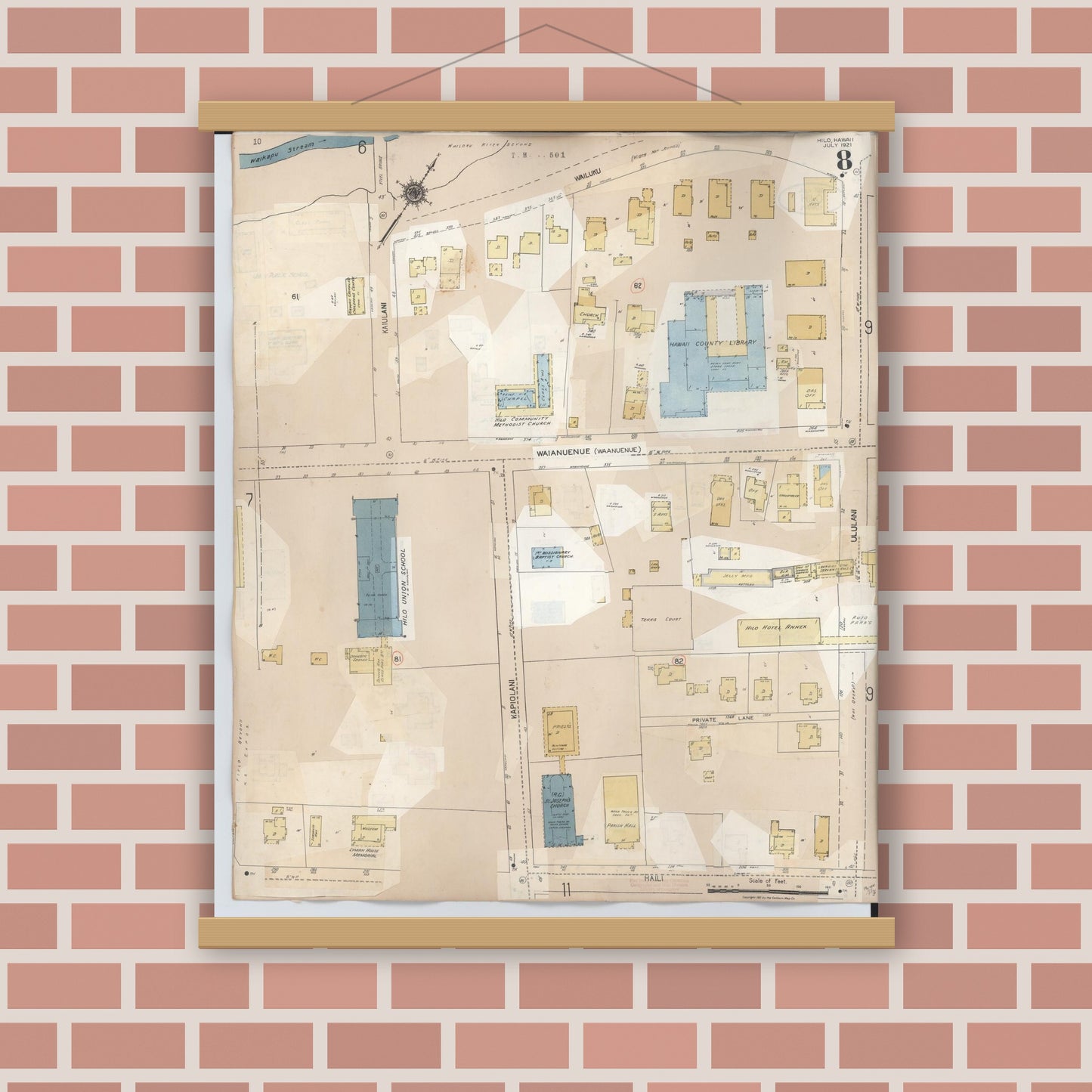 Old map wall art mockup — magnetic wood frame on brick wall — Sanborn Fire Insurance Map from Hilo, Hawaii County, Hawaii (1957), Sheet #0008