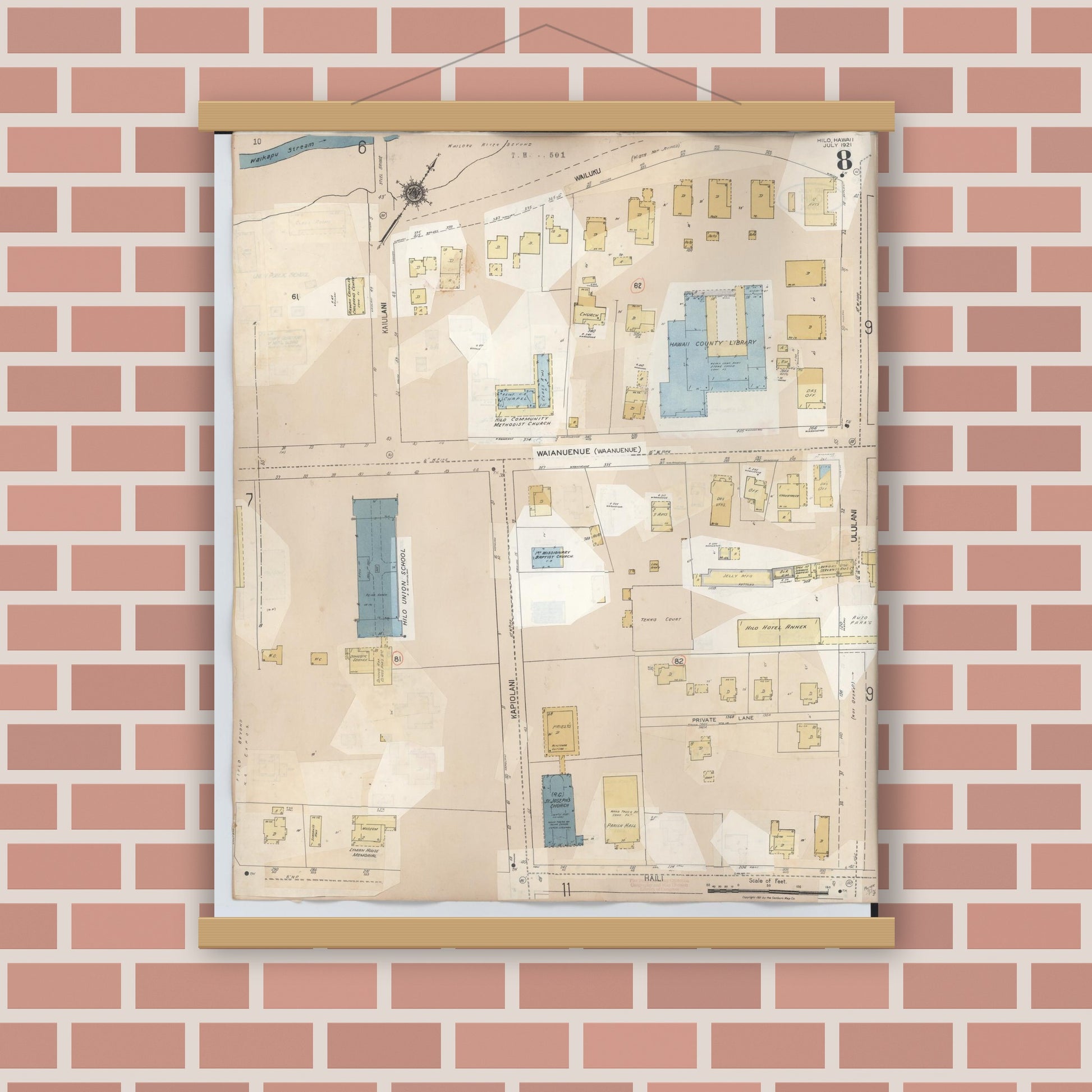 Old map wall art mockup — magnetic wood frame on brick wall — Sanborn Fire Insurance Map from Hilo, Hawaii County, Hawaii (1957), Sheet #0008