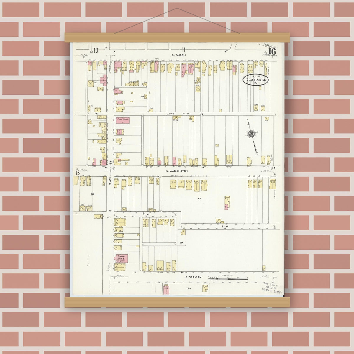 Old map wall art mockup — magnetic wood frame on brick wall — Sanborn Fire Insurance Map from Chambersburg, Franklin County, Pennsylvania (1910), Sheet #0016