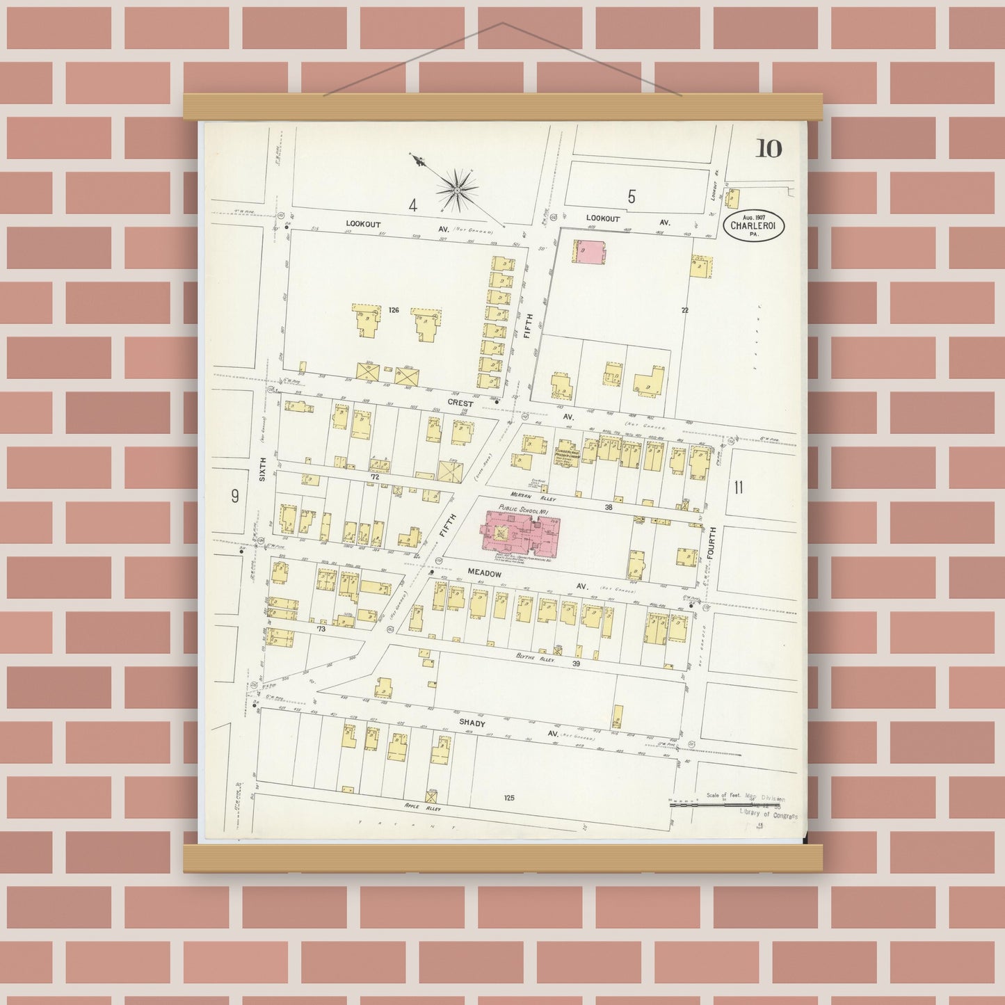Old map wall art mockup — magnetic wood frame on brick wall — Sanborn Fire Insurance Map from Charleroi, Washington County, Pennsylvania (1907), Sheet #0010