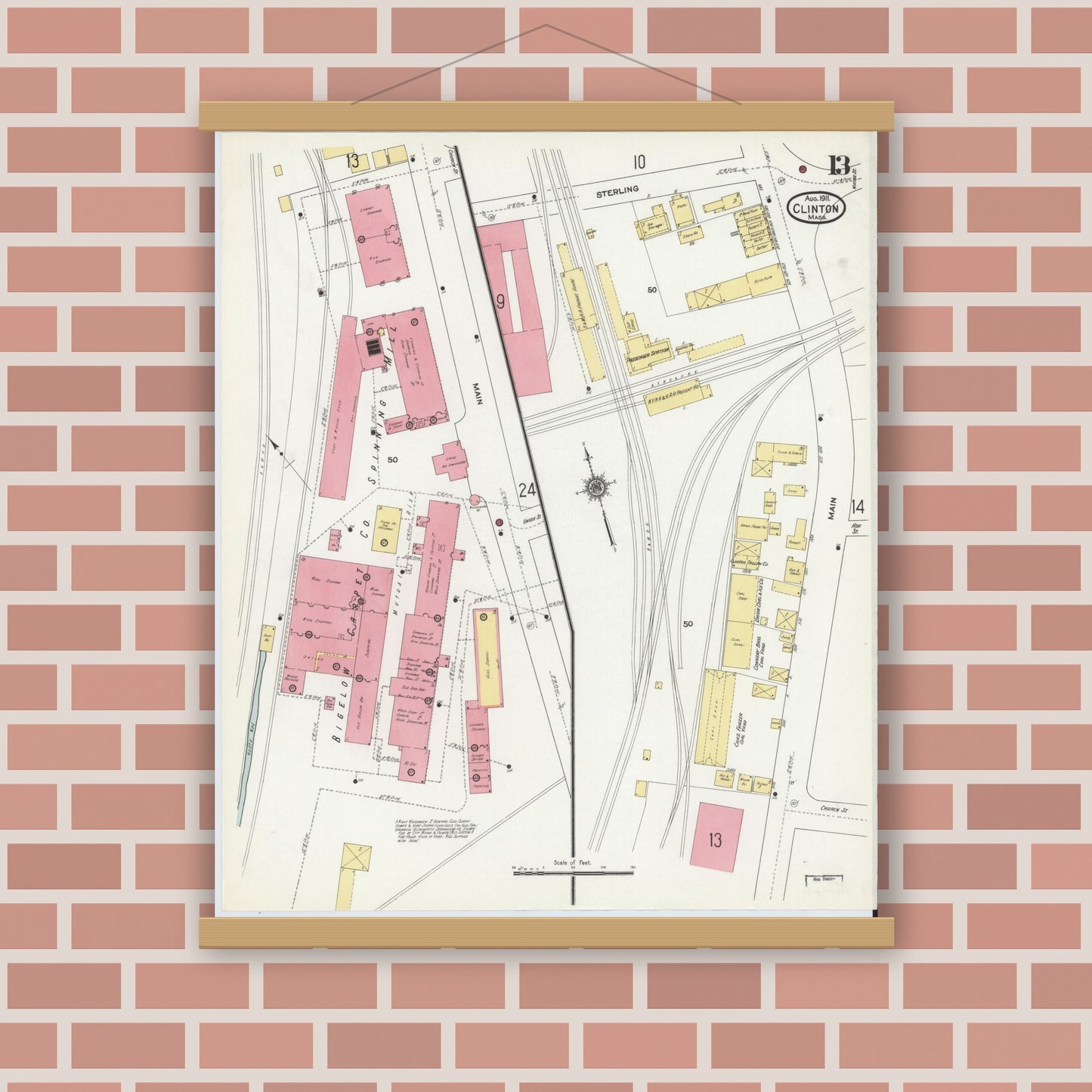 Old map wall art mockup — magnetic wood frame on brick wall — Sanborn Fire Insurance Map from Clinton, Worcester County, Massachusetts (1911), Sheet #0013