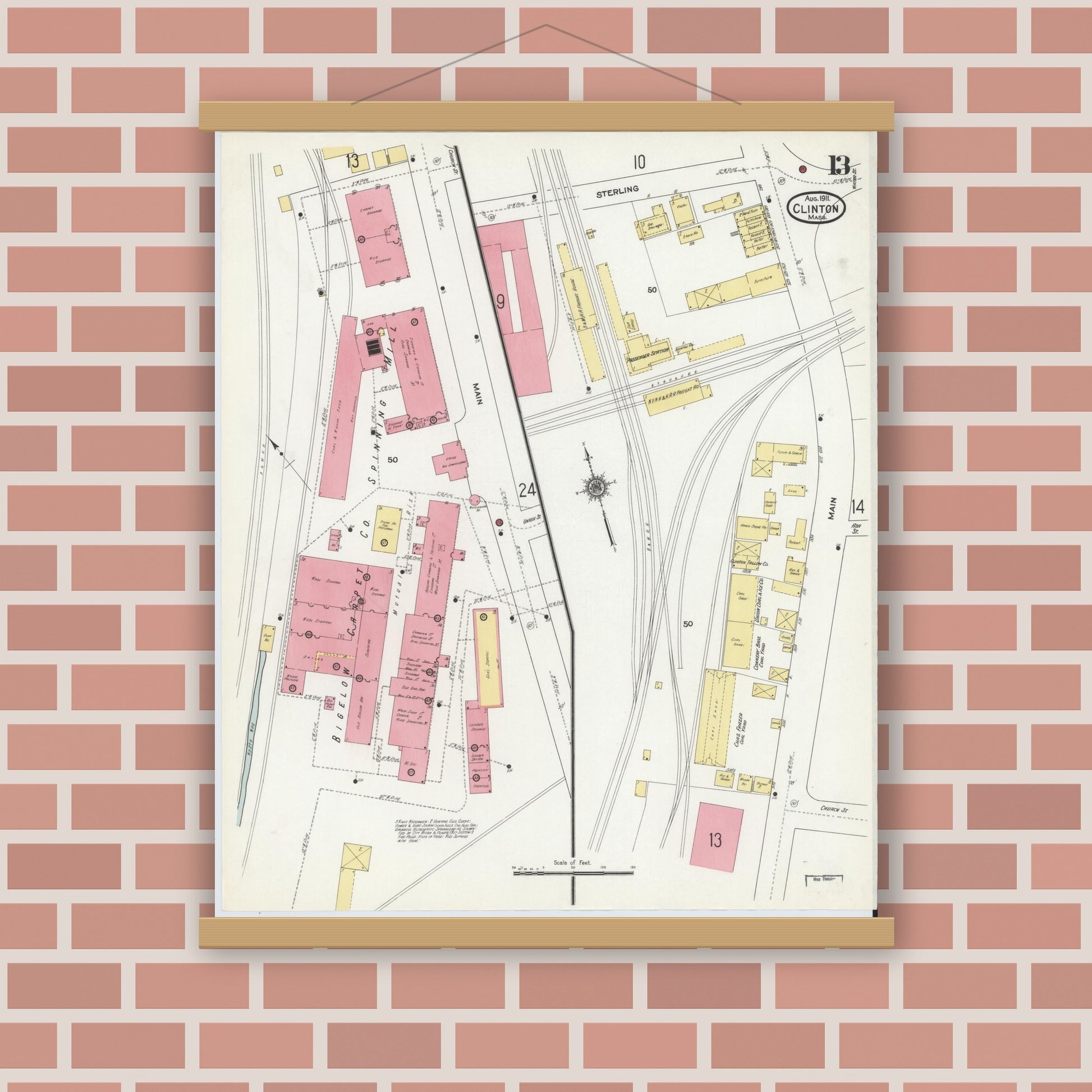Old map wall art mockup — magnetic wood frame on brick wall — Sanborn Fire Insurance Map from Clinton, Worcester County, Massachusetts (1911), Sheet #0013