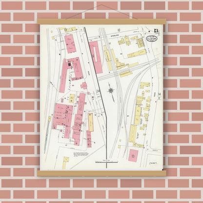 Old map wall art mockup — magnetic wood frame on brick wall — Sanborn Fire Insurance Map from Clinton, Worcester County, Massachusetts (1911), Sheet #0013