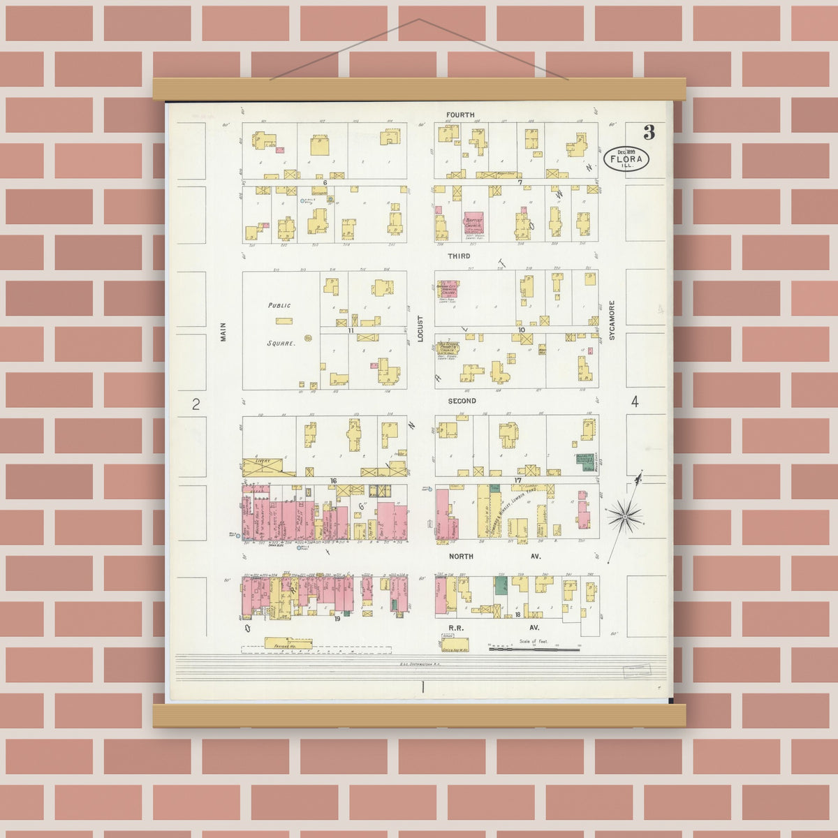 Old map wall art mockup — magnetic wood frame on brick wall — Sanborn Fire Insurance Map from Flora, Clay County, Illinois (1899), Sheet #0003