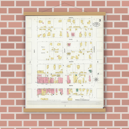 Old map wall art mockup — magnetic wood frame on brick wall — Sanborn Fire Insurance Map from Flora, Clay County, Illinois (1899), Sheet #0003
