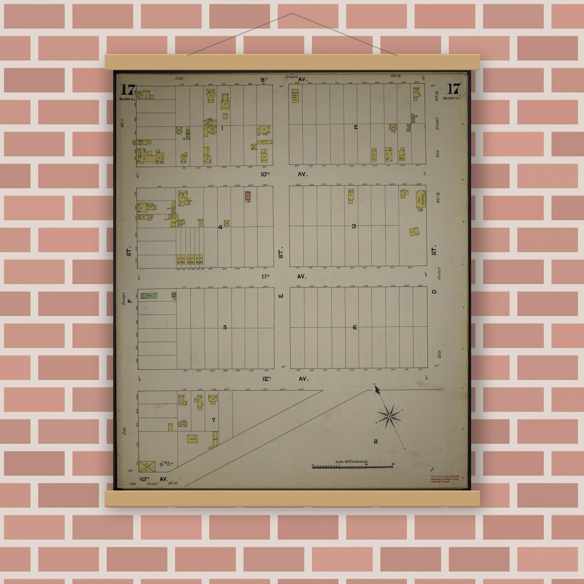 Old map wall art mockup — magnetic wood frame on brick wall — Sanborn Fire Insurance Map from New Jersey Coast, New Jersey Coast, New Jersey (1890), Sheet #0017