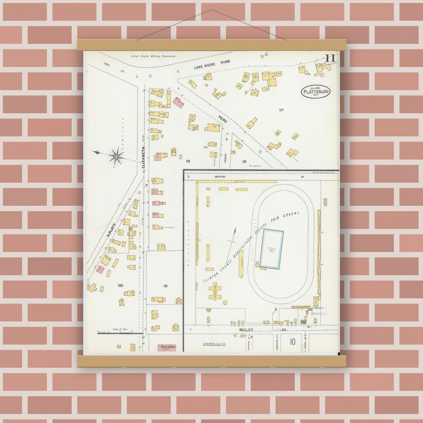 Old map wall art mockup — magnetic wood frame on brick wall — Sanborn Fire Insurance Map from Plattsburg, Clinton County, New York (1902), Sheet #0011