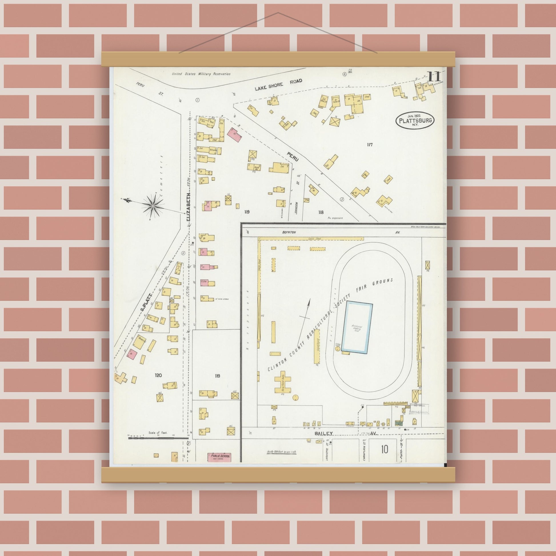 Old map wall art mockup — magnetic wood frame on brick wall — Sanborn Fire Insurance Map from Plattsburg, Clinton County, New York (1902), Sheet #0011