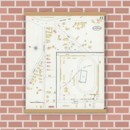 Old map wall art mockup — magnetic wood frame on brick wall — Sanborn Fire Insurance Map from Plattsburg, Clinton County, New York (1902), Sheet #0011