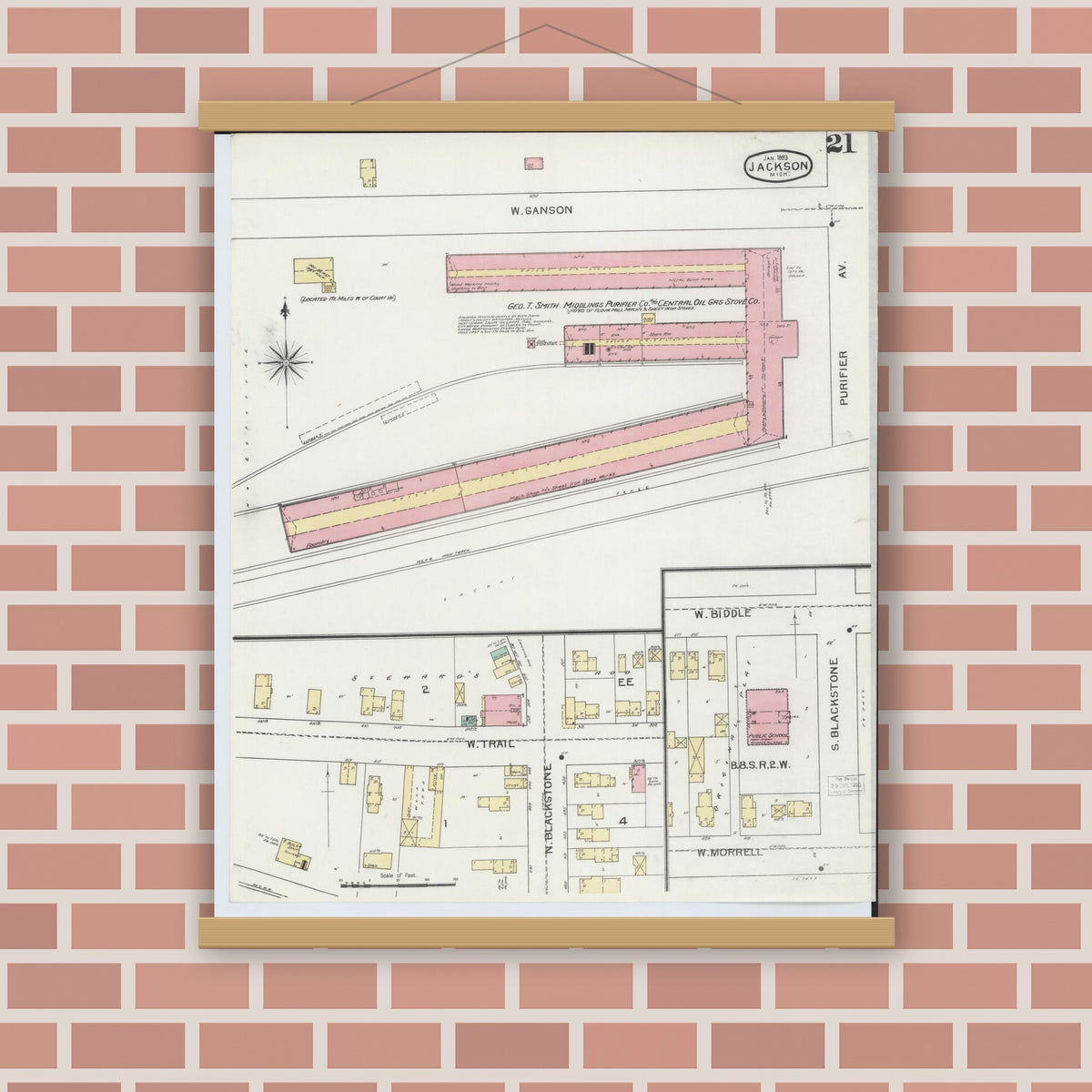 Old map wall art mockup — magnetic wood frame on brick wall — Sanborn Fire Insurance Map from Jackson, Jackson County, Michigan (1893), Sheet #0021