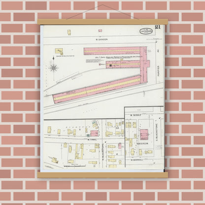 Old map wall art mockup — magnetic wood frame on brick wall — Sanborn Fire Insurance Map from Jackson, Jackson County, Michigan (1893), Sheet #0021
