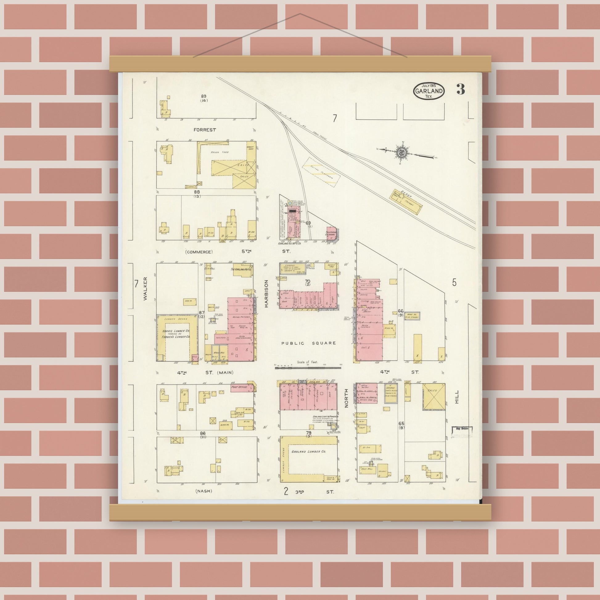 Old map wall art mockup — magnetic wood frame on brick wall — Sanborn Fire Insurance Map from Garland, Dallas County, Texas (1915), Sheet #0003