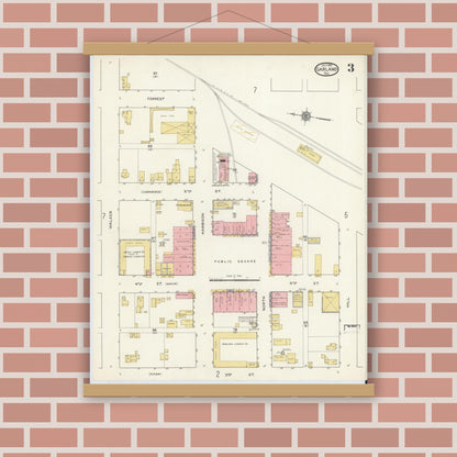 Old map wall art mockup — magnetic wood frame on brick wall — Sanborn Fire Insurance Map from Garland, Dallas County, Texas (1915), Sheet #0003