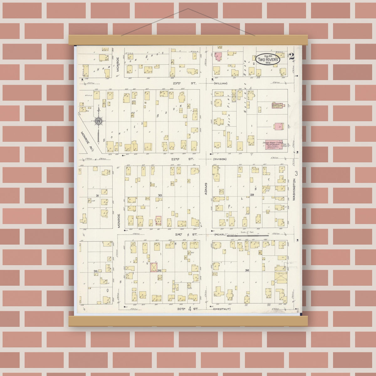 Old map wall art mockup — magnetic wood frame on brick wall — Sanborn Fire Insurance Map from Two Rivers, Manitowoc County, Wisconsin (1913), Sheet #0002