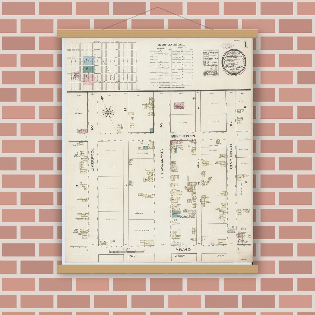 Old map wall art mockup — magnetic wood frame on brick wall — Sanborn Fire Insurance Map from Egg Harbor City, Atlantic County, New Jersey (1886) - Complete Map Set