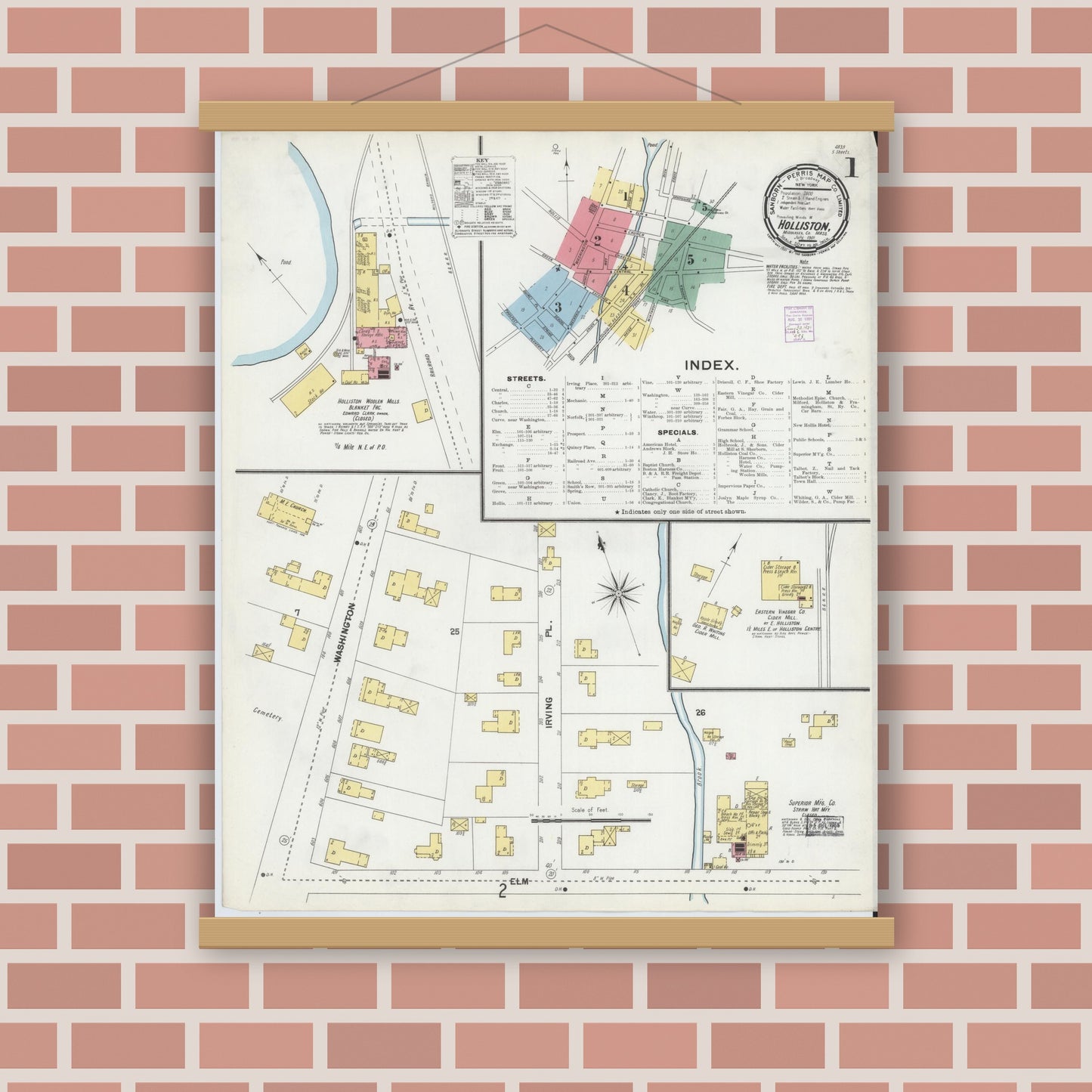 Old map wall art mockup — magnetic wood frame on brick wall — Sanborn Fire Insurance Map from Holliston, Middlesex County, Massachusetts (1901), Sheet #0001