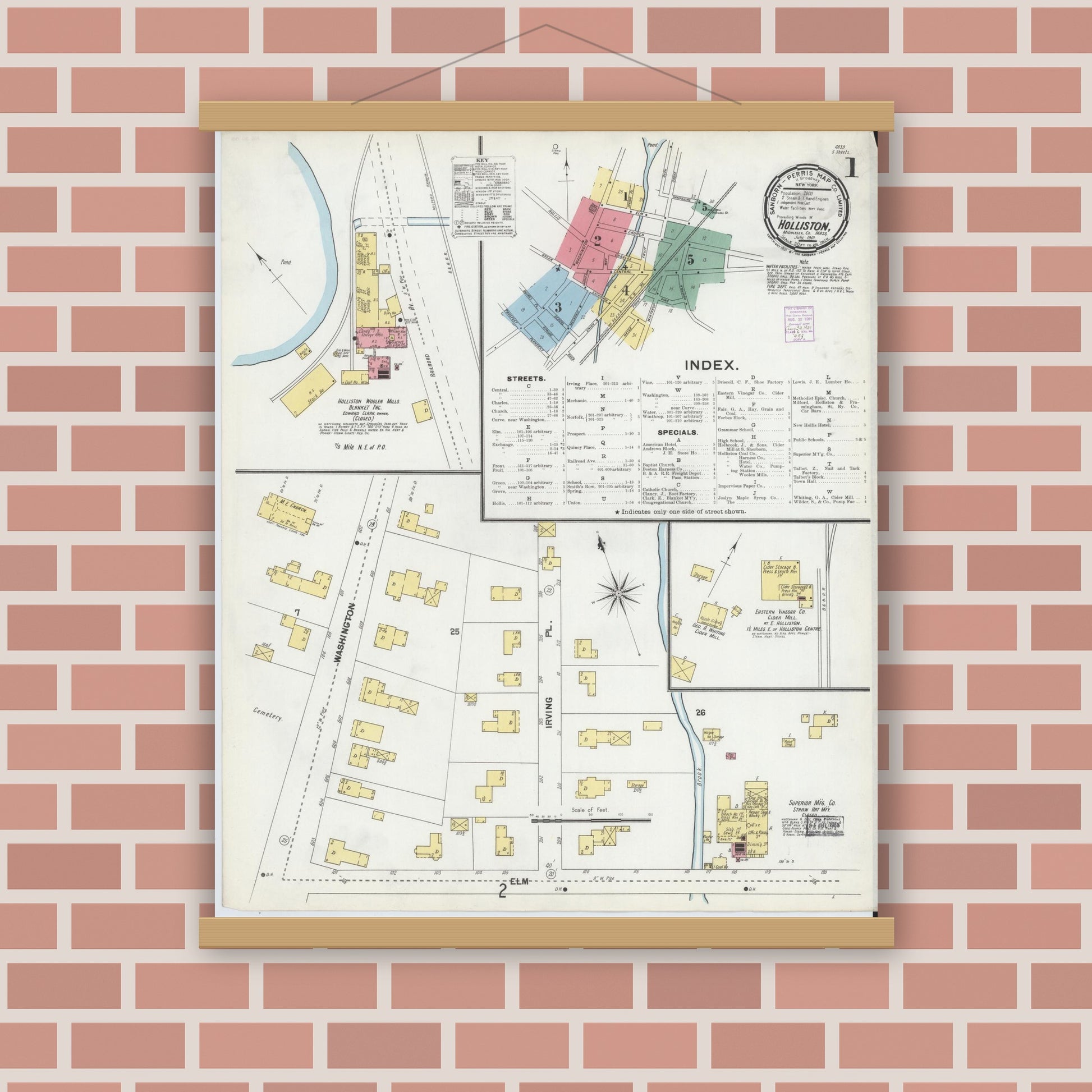 Old map wall art mockup — magnetic wood frame on brick wall — Sanborn Fire Insurance Map from Holliston, Middlesex County, Massachusetts (1901), Sheet #0001