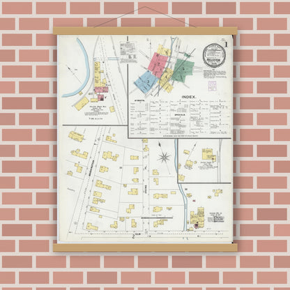 Old map wall art mockup — magnetic wood frame on brick wall — Sanborn Fire Insurance Map from Holliston, Middlesex County, Massachusetts (1901), Sheet #0001