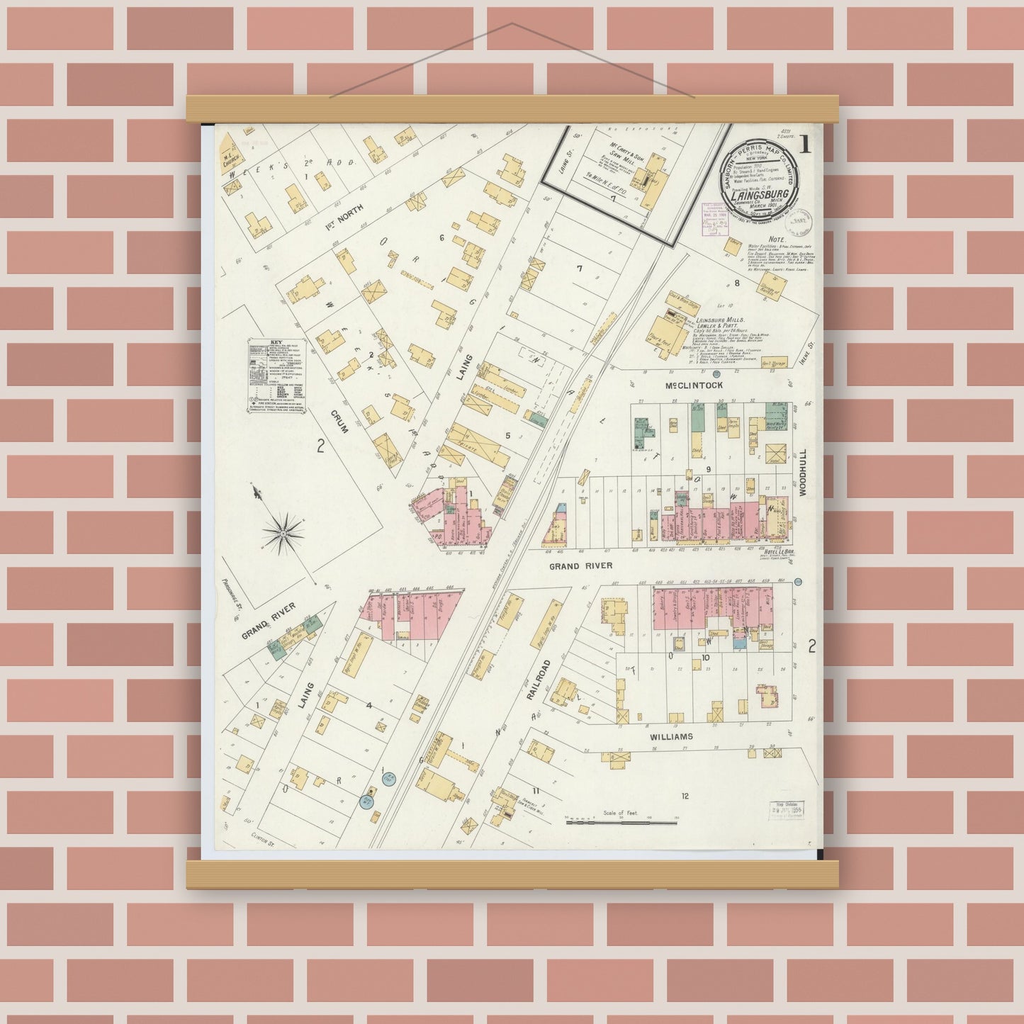 Old map wall art mockup — magnetic wood frame on brick wall — Sanborn Fire Insurance Map from Laingsburg, Shiawassee County, Michigan (1901) - Complete Map Set