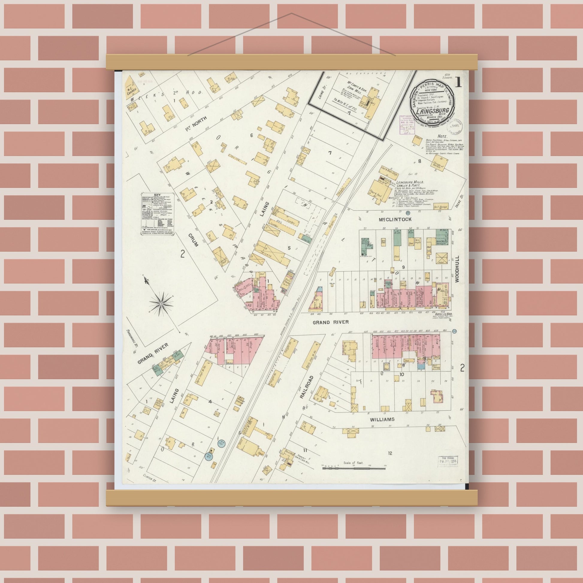Old map wall art mockup — magnetic wood frame on brick wall — Sanborn Fire Insurance Map from Laingsburg, Shiawassee County, Michigan (1901) - Complete Map Set