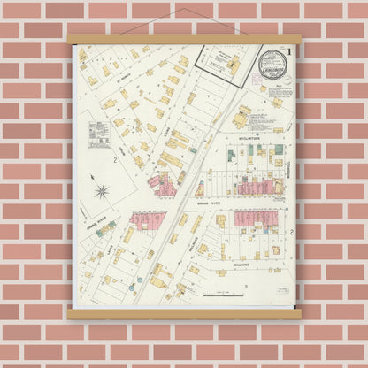 Old map wall art mockup — magnetic wood frame on brick wall — Sanborn Fire Insurance Map from Laingsburg, Shiawassee County, Michigan (1901) - Complete Map Set