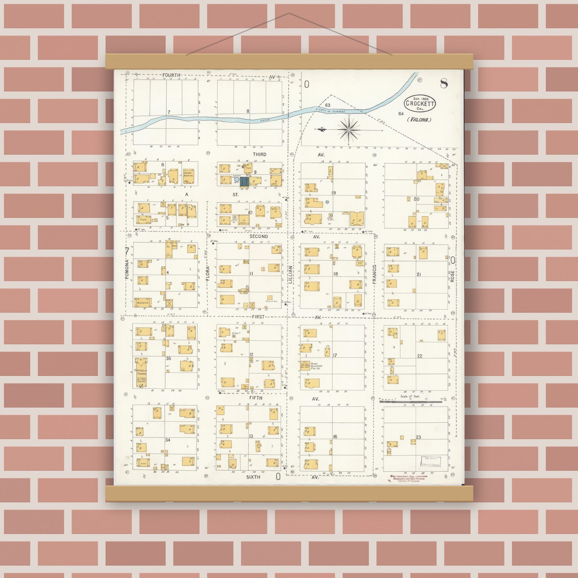 Old map wall art mockup — magnetic wood frame on brick wall — Sanborn Fire Insurance Map from Crockett, Contra Costa County, California (1906), Sheet #0008
