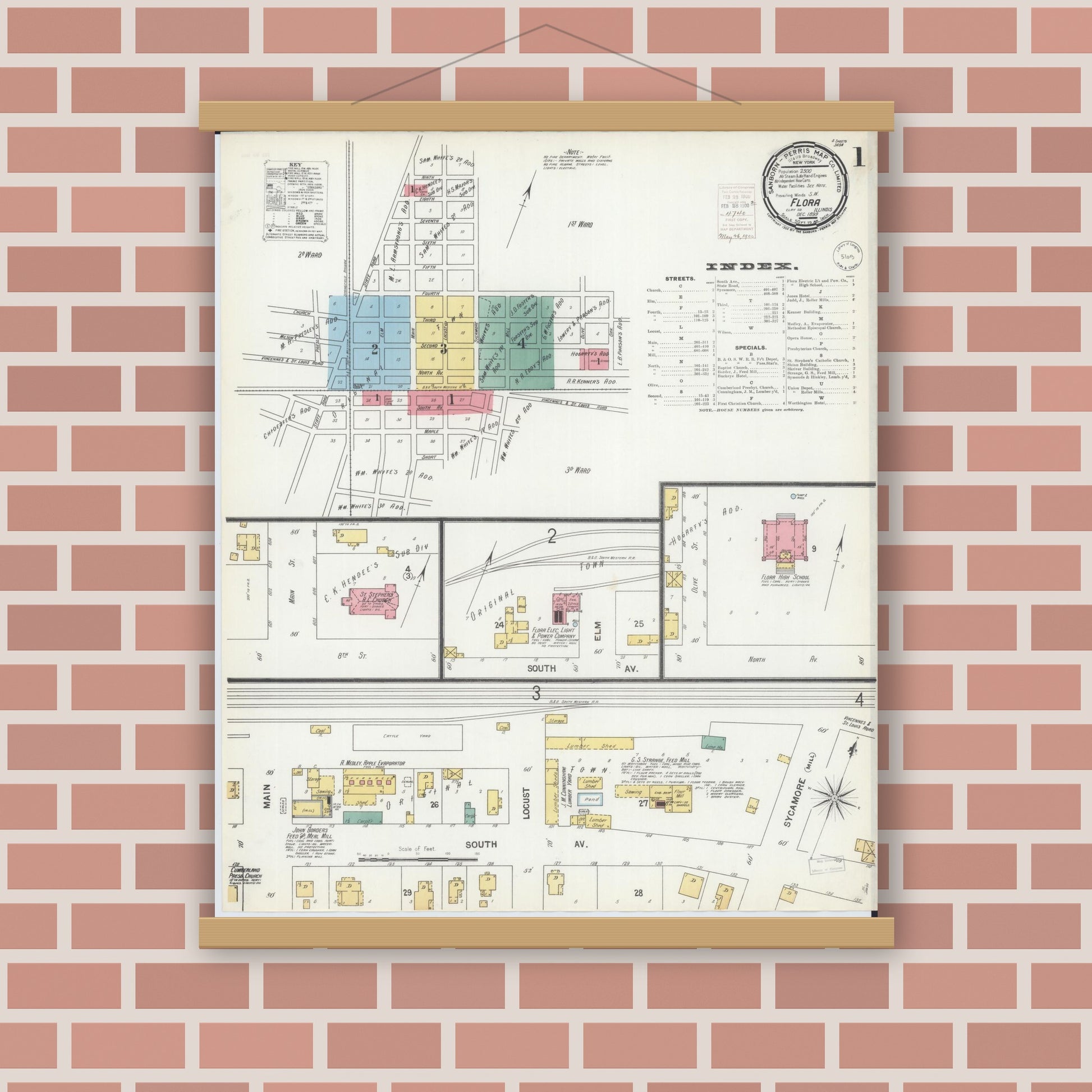 Old map wall art mockup — magnetic wood frame on brick wall — Sanborn Fire Insurance Map from Flora, Clay County, Illinois (1899), Sheet #0001