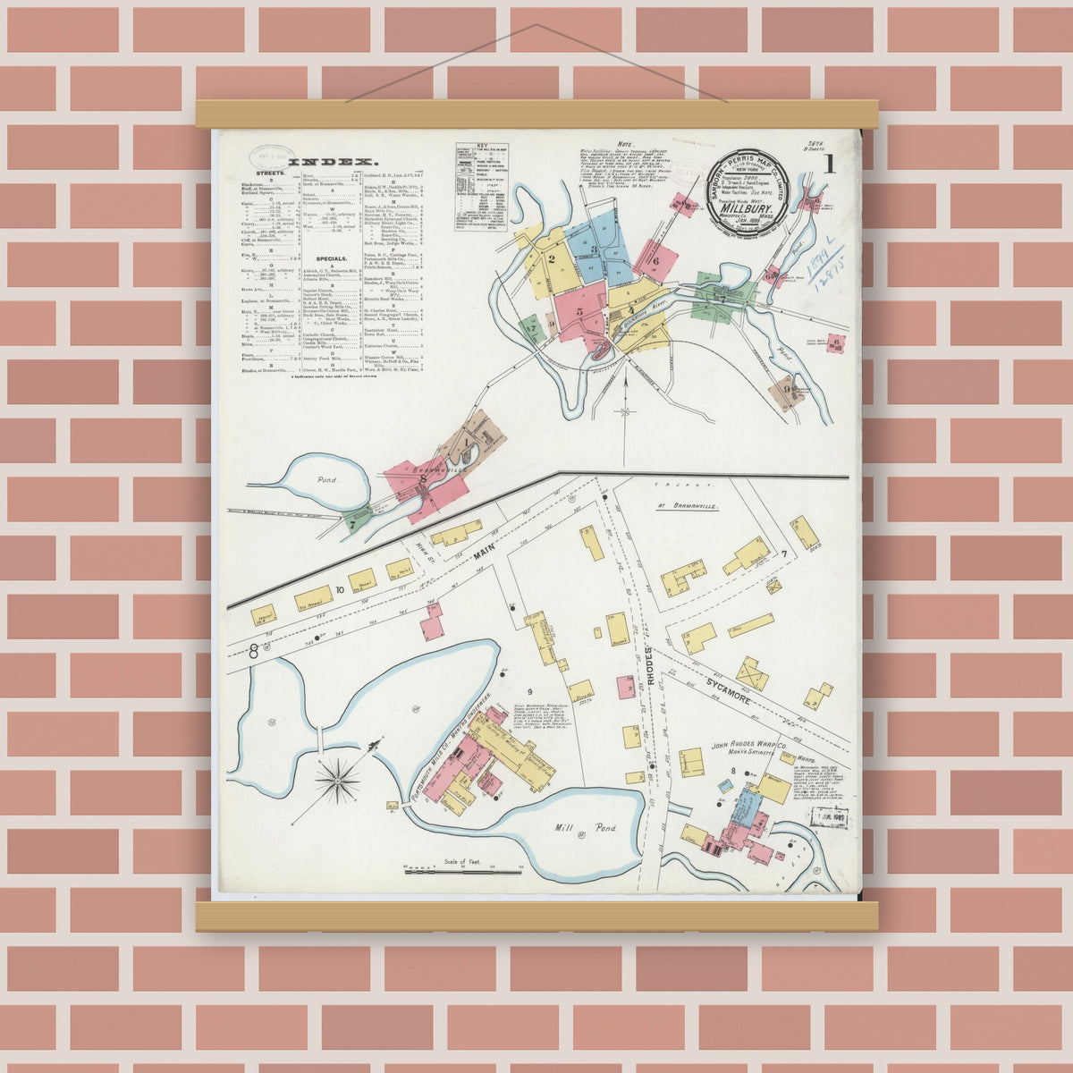 Old map wall art mockup — magnetic wood frame on brick wall — Sanborn Fire Insurance Map from Millbury, Worcester County, Massachusetts (1899) - Complete Map Set