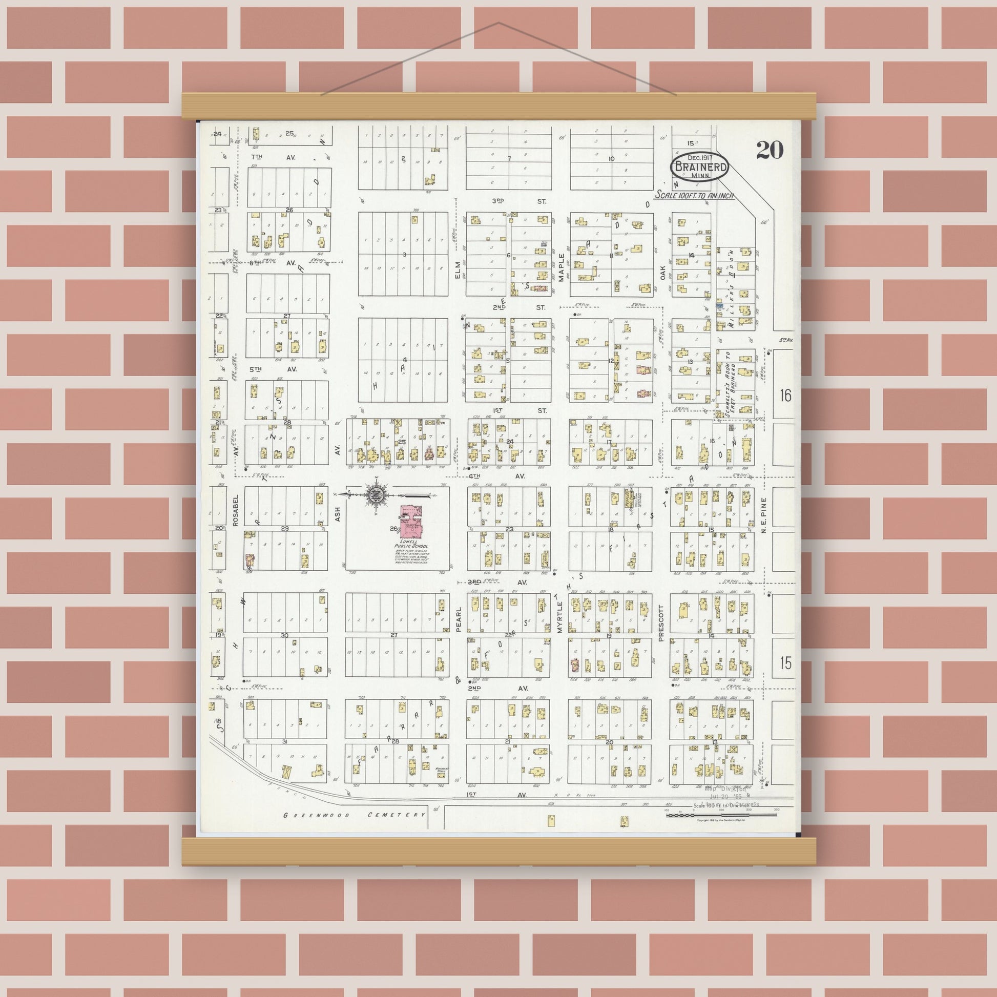 Old map wall art mockup — magnetic wood frame on brick wall — Sanborn Fire Insurance Map from Brainerd, Crow Wing County, Minnesota (1917), Sheet #0020