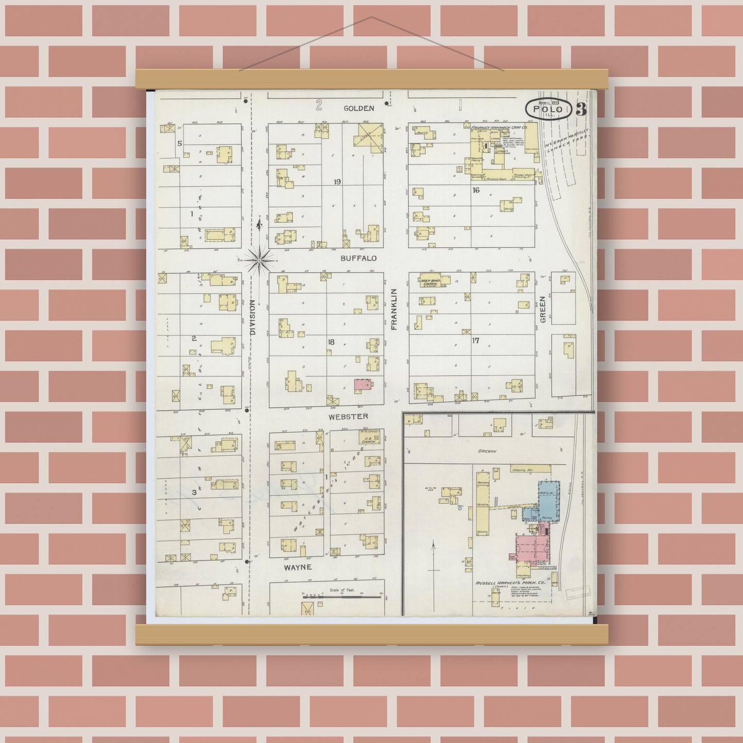 Old map wall art mockup — magnetic wood frame on brick wall — Sanborn Fire Insurance Map from Polo, Ogle County, Illinois (1893), Sheet #0003