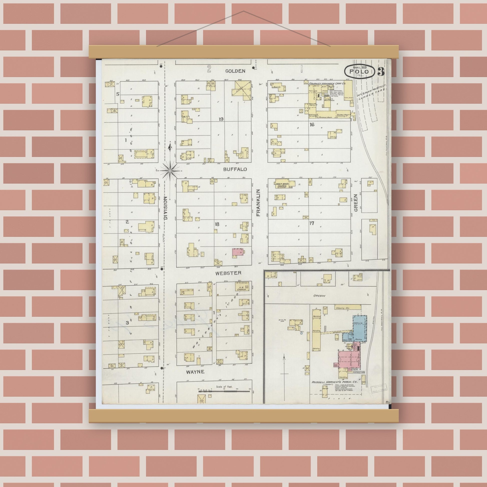 Old map wall art mockup — magnetic wood frame on brick wall — Sanborn Fire Insurance Map from Polo, Ogle County, Illinois (1893), Sheet #0003