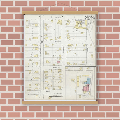 Old map wall art mockup — magnetic wood frame on brick wall — Sanborn Fire Insurance Map from Polo, Ogle County, Illinois (1893), Sheet #0003