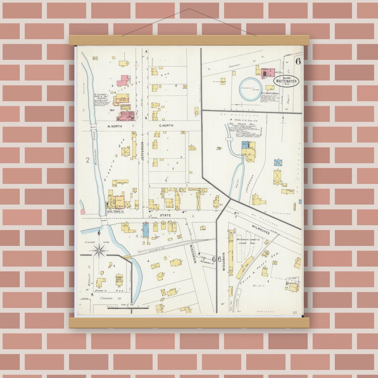 Old map wall art mockup — magnetic wood frame on brick wall — Sanborn Fire Insurance Map from Whitewater, Walworth County, Wisconsin (1898), Sheet #0006