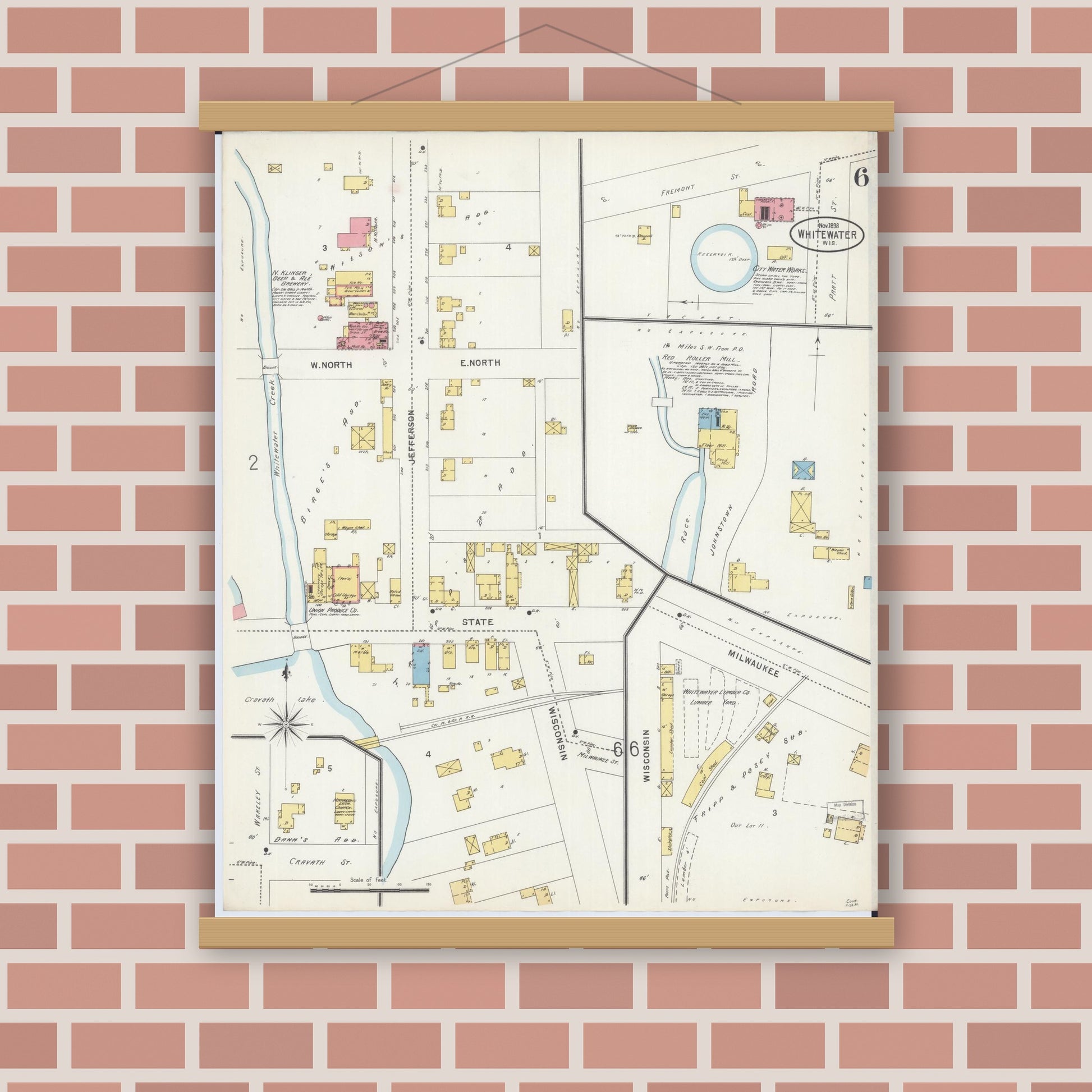 Old map wall art mockup — magnetic wood frame on brick wall — Sanborn Fire Insurance Map from Whitewater, Walworth County, Wisconsin (1898), Sheet #0006
